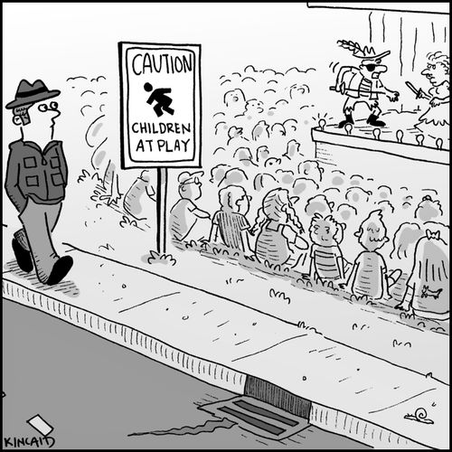 Sign says 'Caution - Children at Play' and they are.