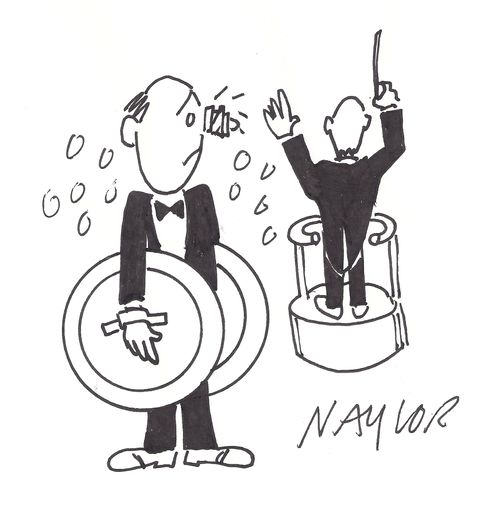 Cymbal player has a bruised nose from playing his instrument.