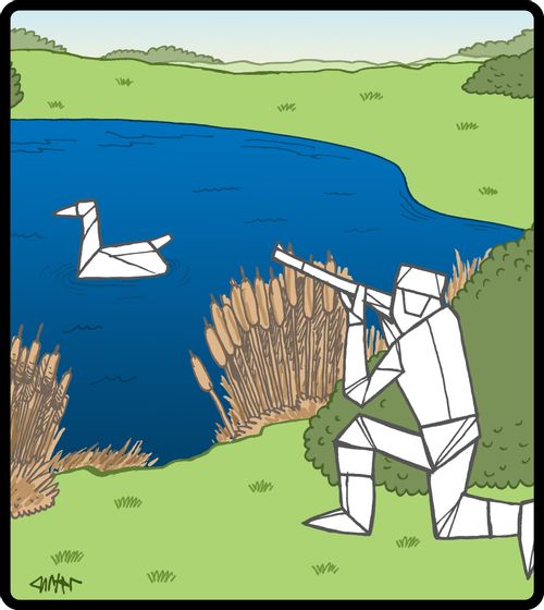 Origami hunter hunts origami duck.