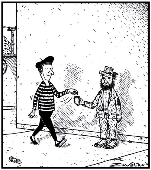 A mime artist pretending to hand over some money to a panhandler.