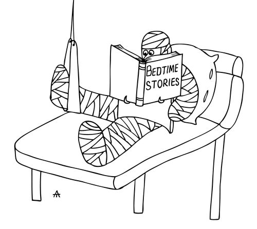 Man hospitalized and in a full body cast is reading bedtime stories.