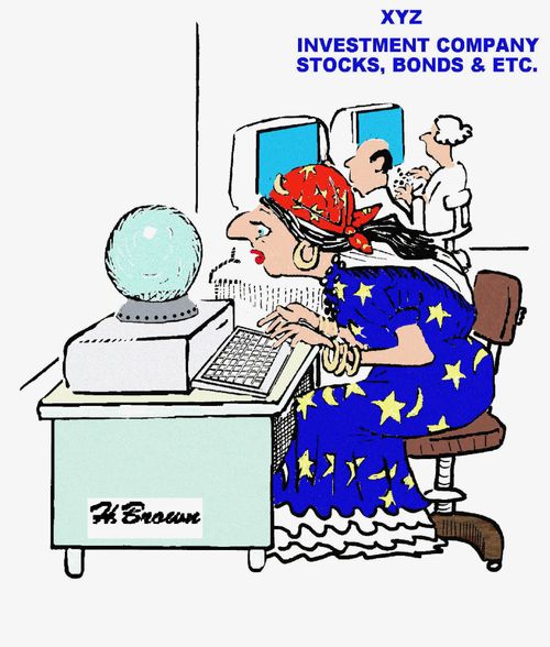 Woman with crystal ball working at an investment company.