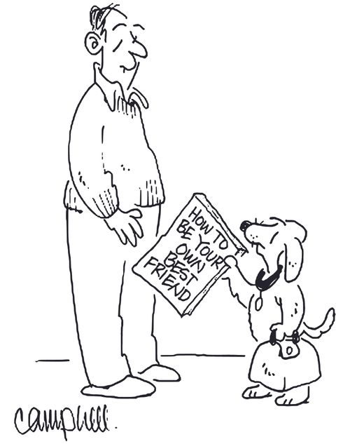 Dog holding suitcase hands man a book called HOW TO BE YOUR OWN BEST FRIEND.