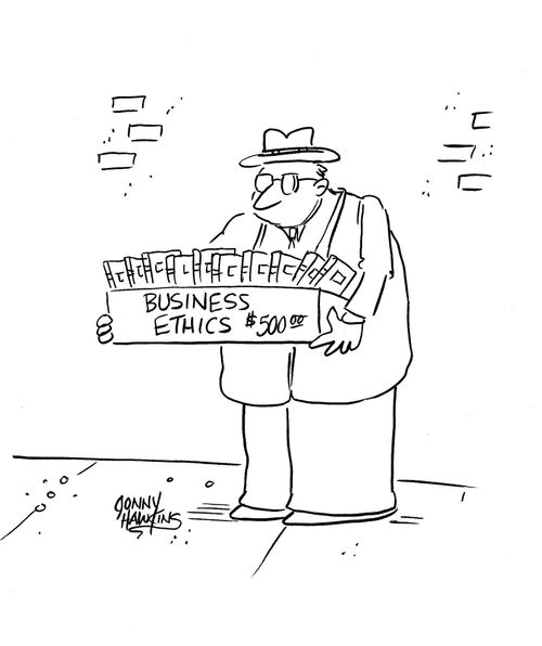 Man on street selling 'Business Ethics ... $500'.