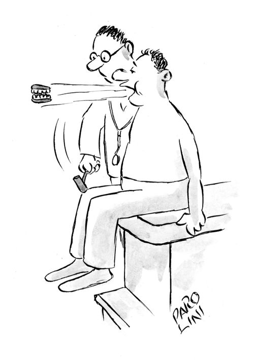 Doctor testing patient's reflexes causes the patients' false teeth to fly out.
