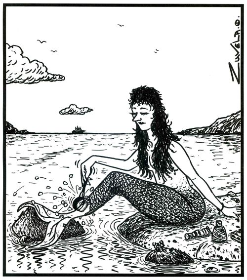 Visual gag (a mermaid shaving her legs with a scaler).