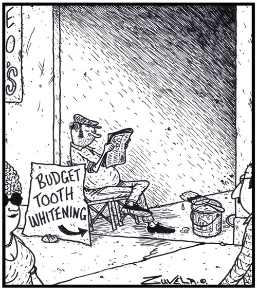 Visual Gag Budget Tooth Whitening A Con man offering cheap tooth whitening using white house paint