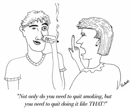 'Not only do you need to quit smoking, but you need to quit doing it like THAT!' a guy is drawing off of cigarrette through his nostril.