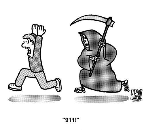 Man being chased by the Grim Reaper calls '911!'