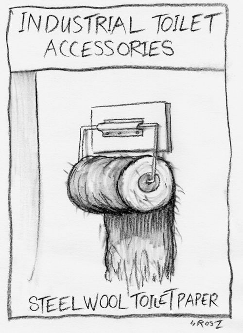 'Industrial toilet accessories: Steel wool toilet paper.'