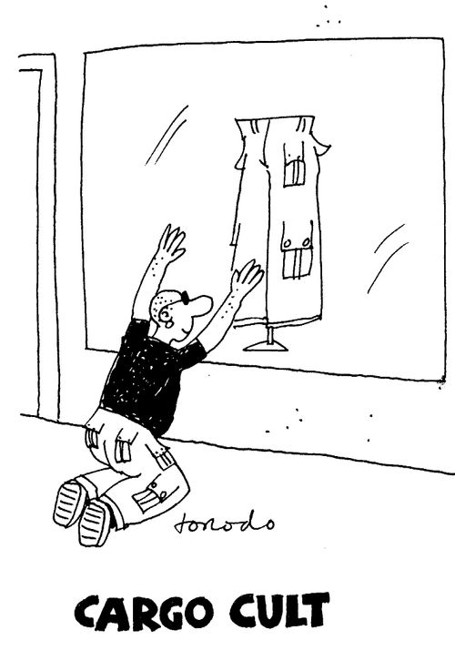 'Cargo Cult' (a man kneeling before a pair of cargo trousers in a shop window).