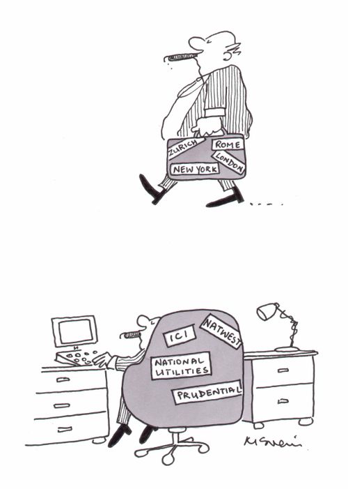 Business man with places he's visited on his suitcase and places he's worked for on his chair.