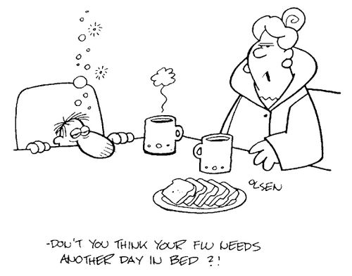 "Don't you think your flu needs another day in bed ?!"
