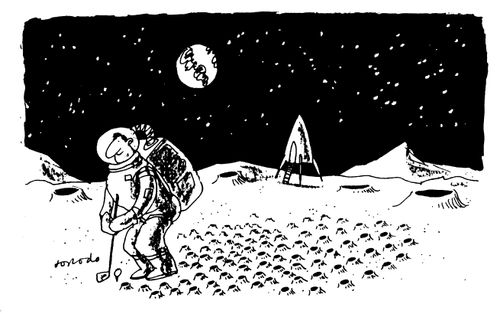 Spaceman playing golf on the moon