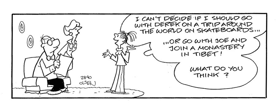'I can't decide if I should go with Derek on a trip around the world on skateboards...or go with Joe and join a monastery in Tibet!  What do you think?'