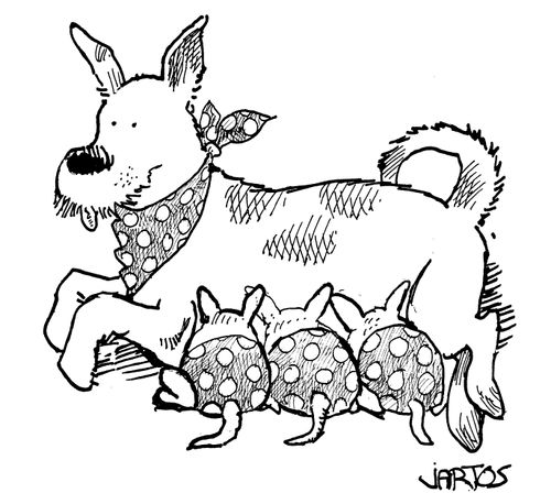 Dog with a neckerchief feeds dogs in matching nappies.