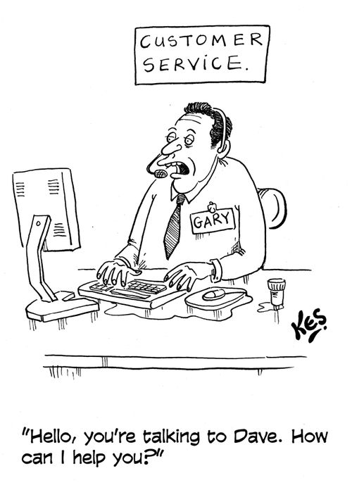Man with Gary name badge answers phone "Hello, you're talking to Dave. How can I help you?"