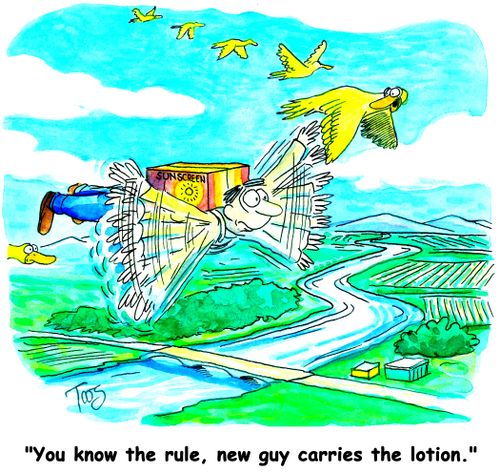 'You know the rule, new guy carries the lotion.'