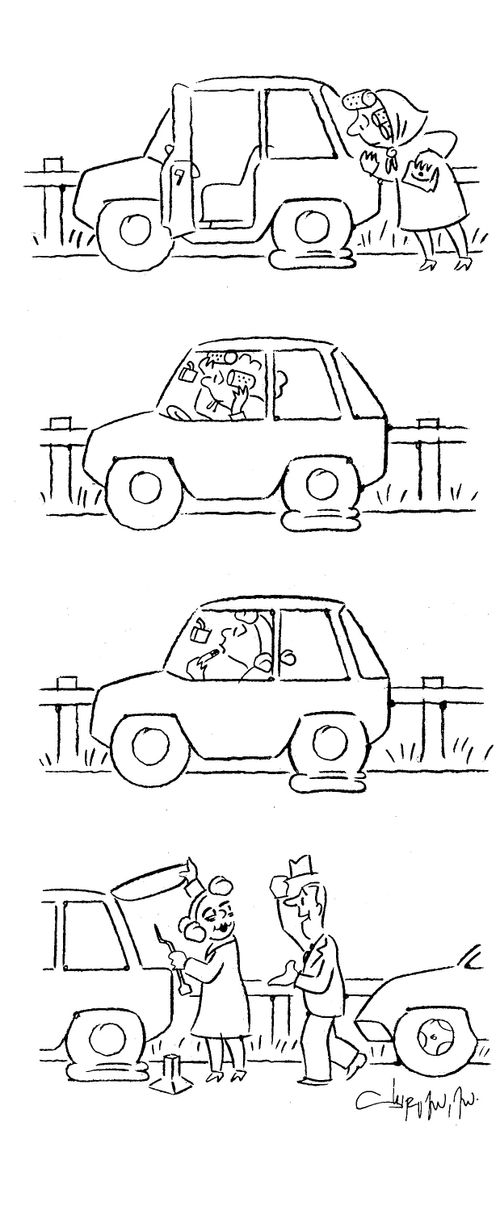 Woman gets a flat tire and waits for help.