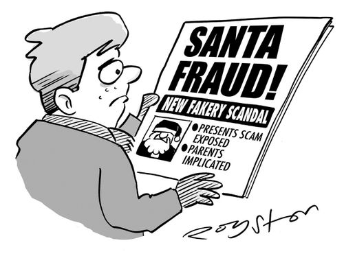 Kid reads tabloid newspaper story which exposes Santa as a fake.