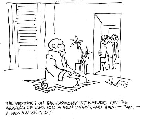 'He meditates,on the harmony of nature and the meaning of life for a few weeks, and then - Zap! - A new silicon chip.'