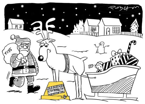 Santa returns to sleigh to find that his reindeer has been clamped.