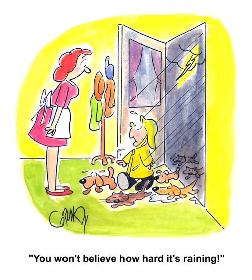 Kid dripping wet with dogs and cats to mom: 'You won't believe how hard it's raining!'