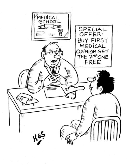 Patient with doctor reads sign: Special offer buy first medical opinion get the 2nd one free.