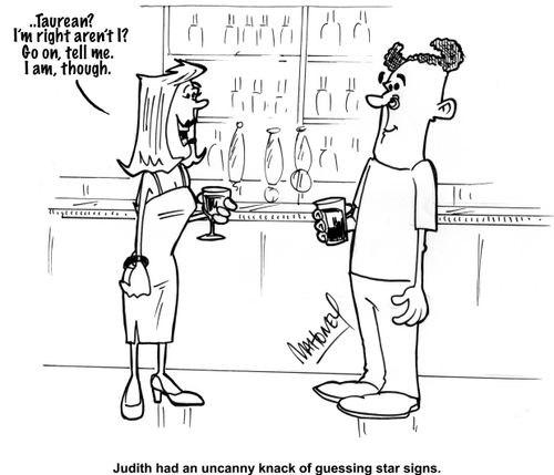  Woman guessing an unusual looking man's star sign..'Taurean'