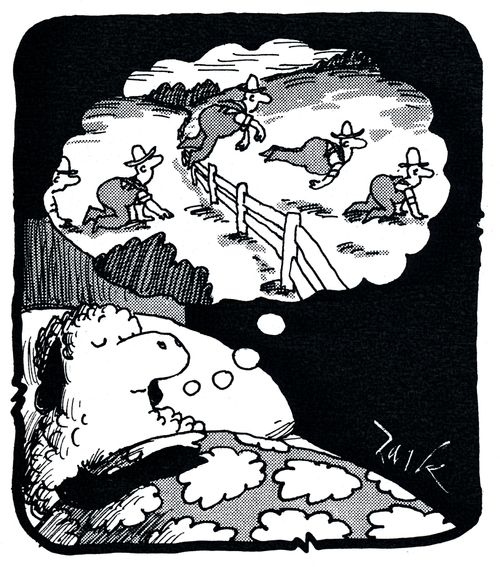 Sheep dreaming of man jumping over fence