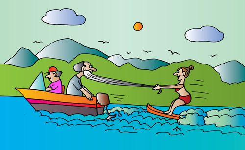 Water skier holding on the man's beard.