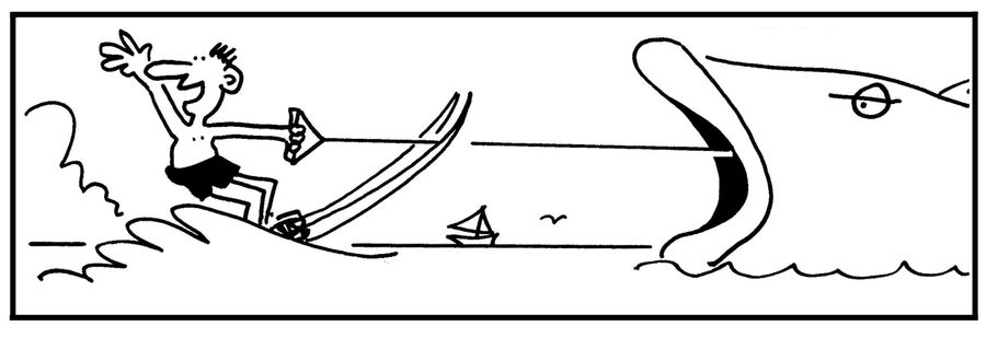 Man skiing on water into a big fished mouth.