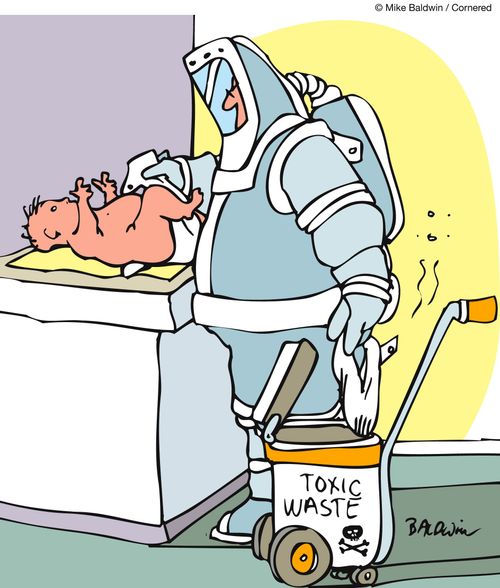 Man disposes of baby's nappy in a toxin waste bin.