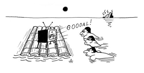 Men watching football as their ship sinks.