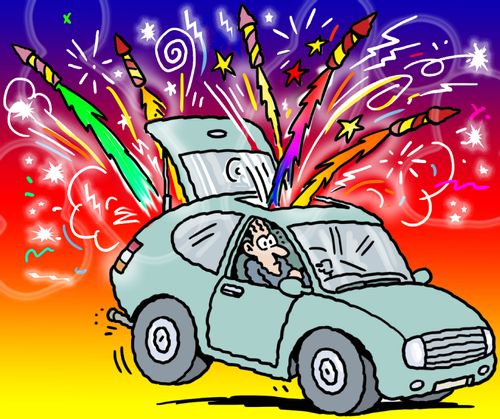 A surprised man drives a car with his fireworks exploding.
