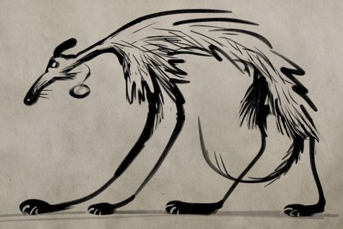 A skinny dog drawn with zen brush.