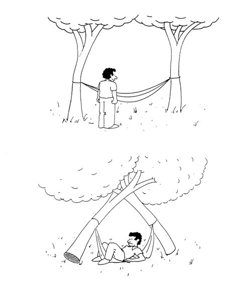 Man causing two fake trees to fall down by sitting in a hammock strung between them.