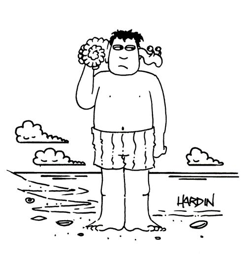 Man listening to a shell, worm crawling through his ear