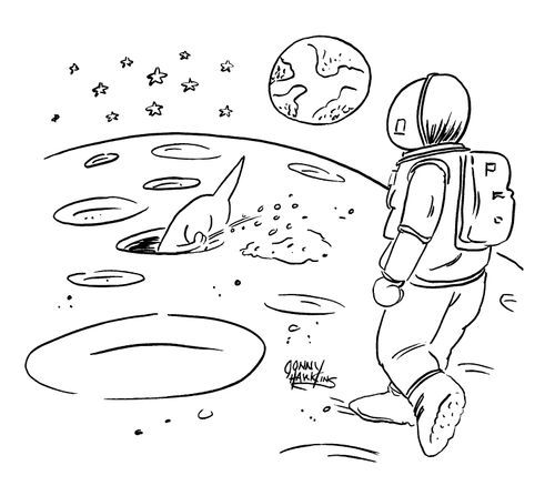 Spaceman walking dog on the moon.