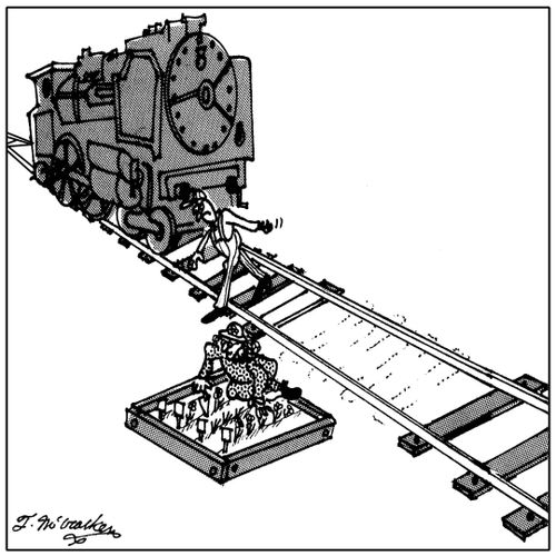 An angry engineer getting out of a train that has had to stop because a woman has taken some railroad ties out to build a flower garden in the middle of the tracks.