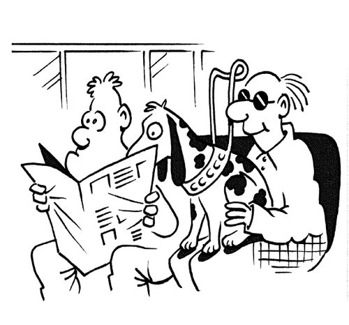 Guide dog reading paper over a man's shoulder.