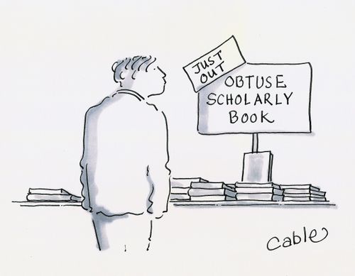 Man viewing books for sale with sign reading: 'Just Out - Obtuse Scholarly Book.'