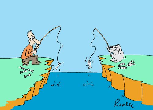 Dog and human fishing.