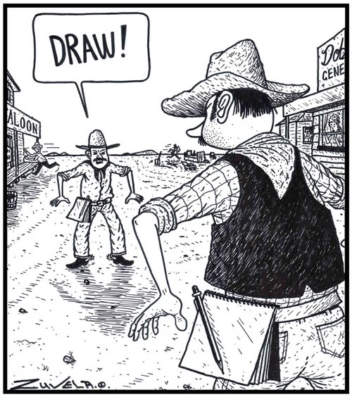 Cowboy:'DRAW!' - Two Cowboys about to fight it out using their Pencils and Paper pads.