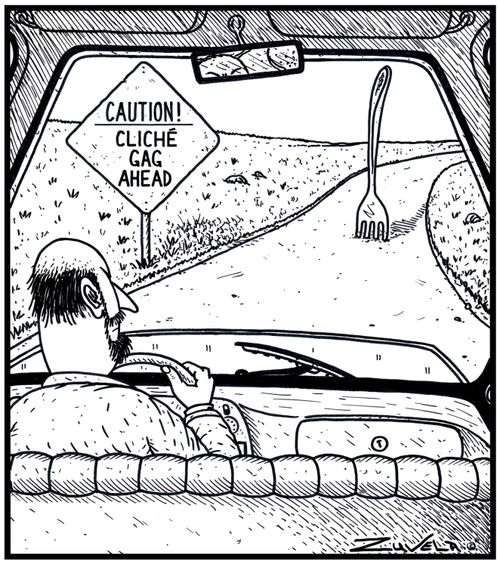  'Caution, Cliche gag ahead' A Driver approaching a the old 'Fork in the road' gag ahead in the road