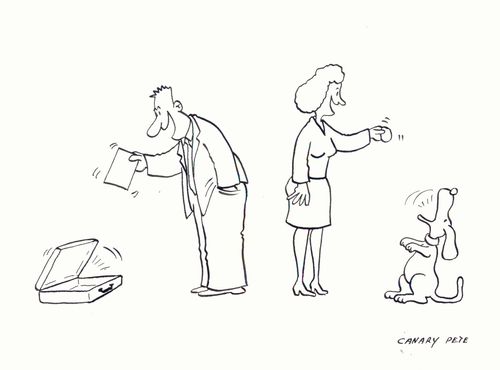 Man feeds his brief case while woman feeds the dog.