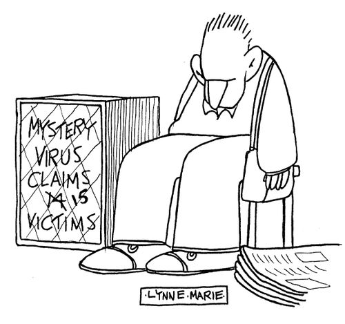 Headline/grafitti: 'Mystery virus claims 15 victims.'