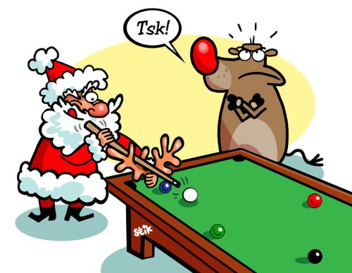 Santa using reindeer antlers to play snooker