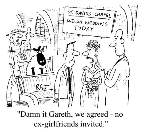 "Damn it, Gareth, we agreed - no ex-girlfriends invited"