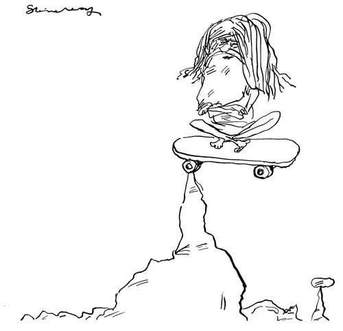 Guru balancing on a skateboard ontop a  mountain